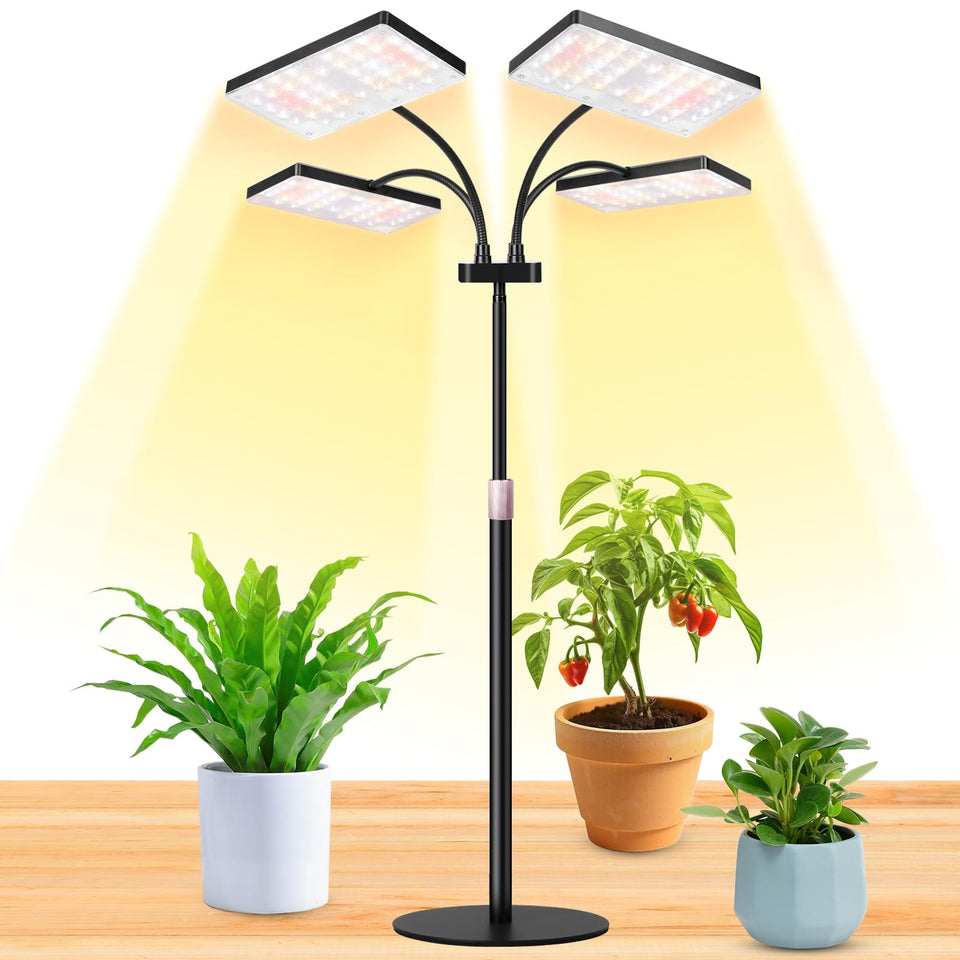 LBW desk grow light with four goosenecks provides even coverage for multiple pots.