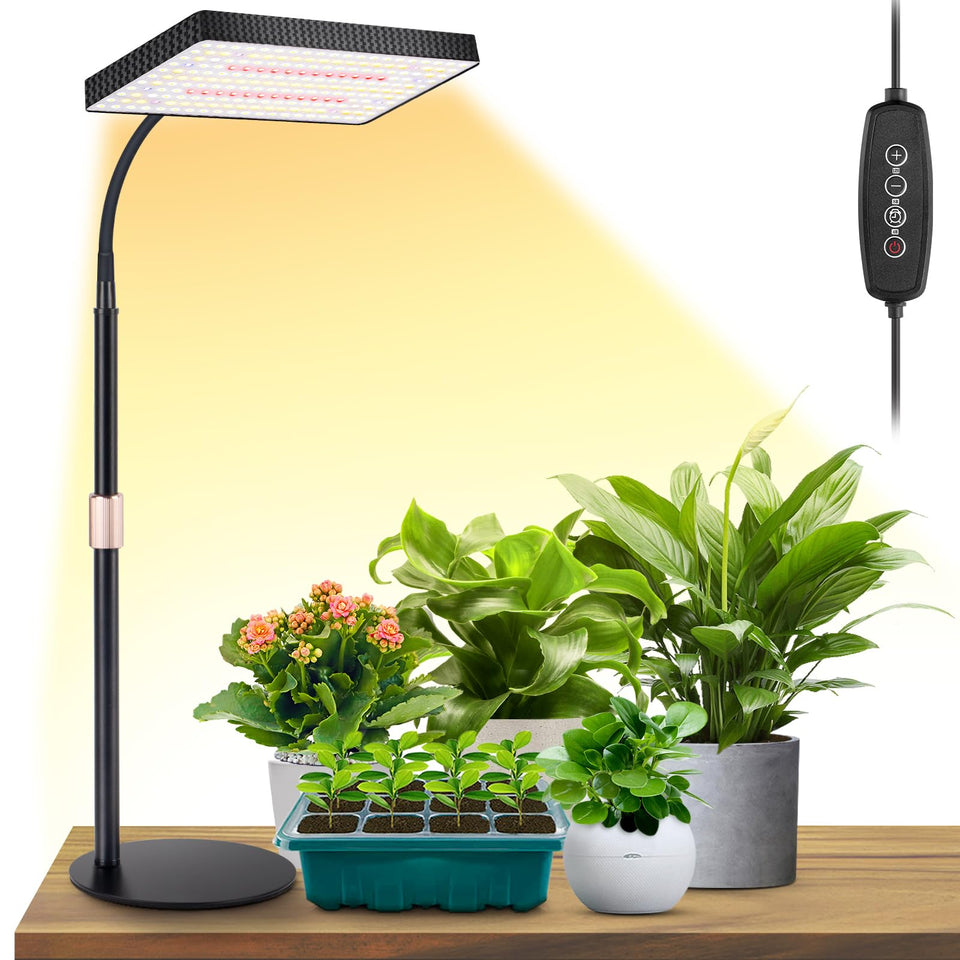 LBW Desk Grow Light full-spectrum panel over indoor seedlings for balanced growth.