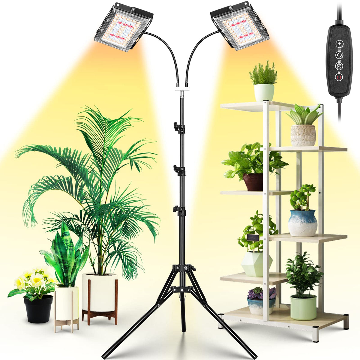 LBW grow light with dual-head design provides even coverage for indoor plants.