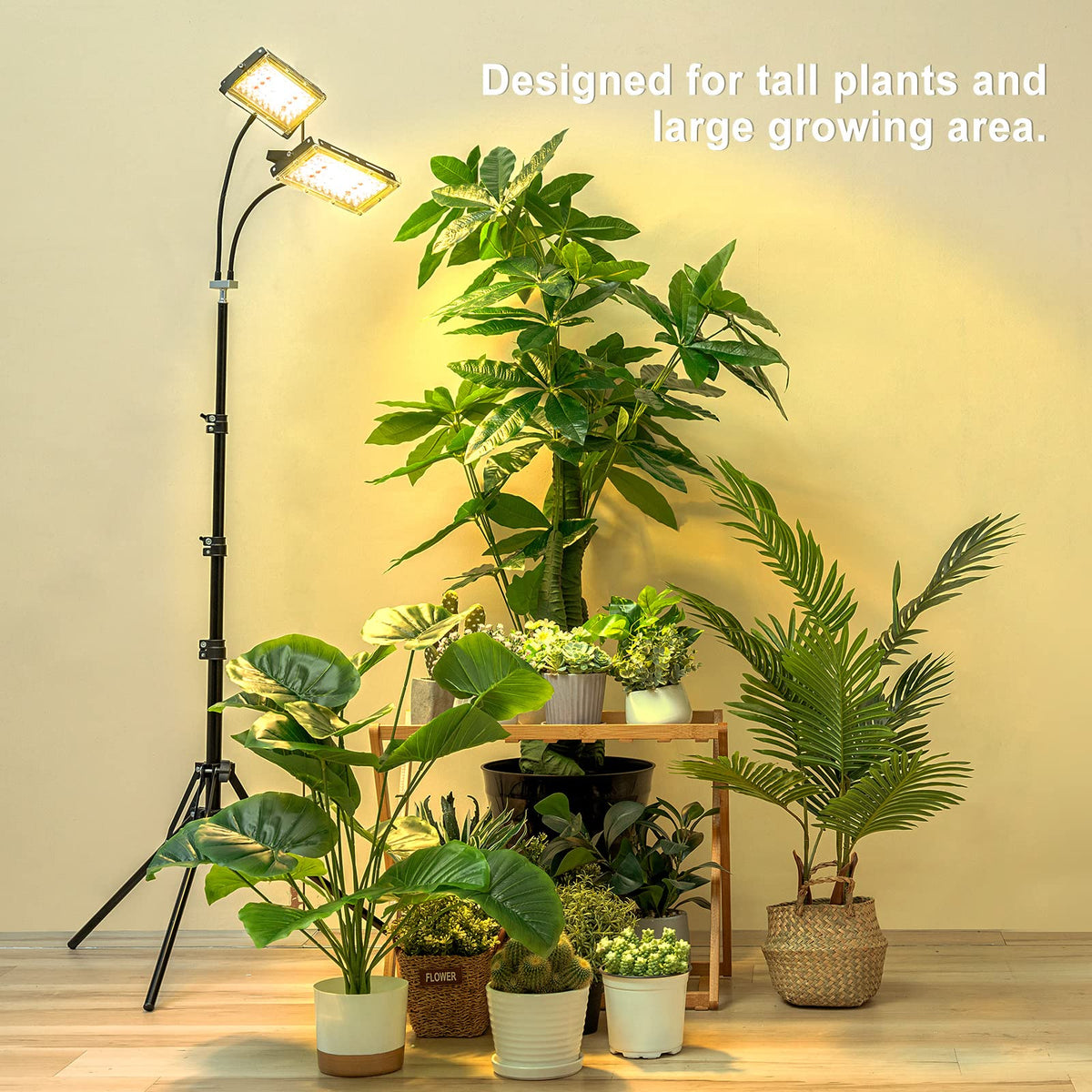 LBW extendable tripod stand elevates lights from 15 to 63 inches for tall plants.