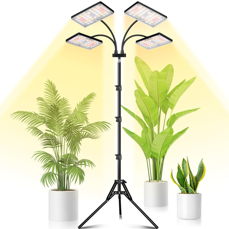 LBW Grow Light quad-head standing system delivers wide coverage for multiple indoor plants.