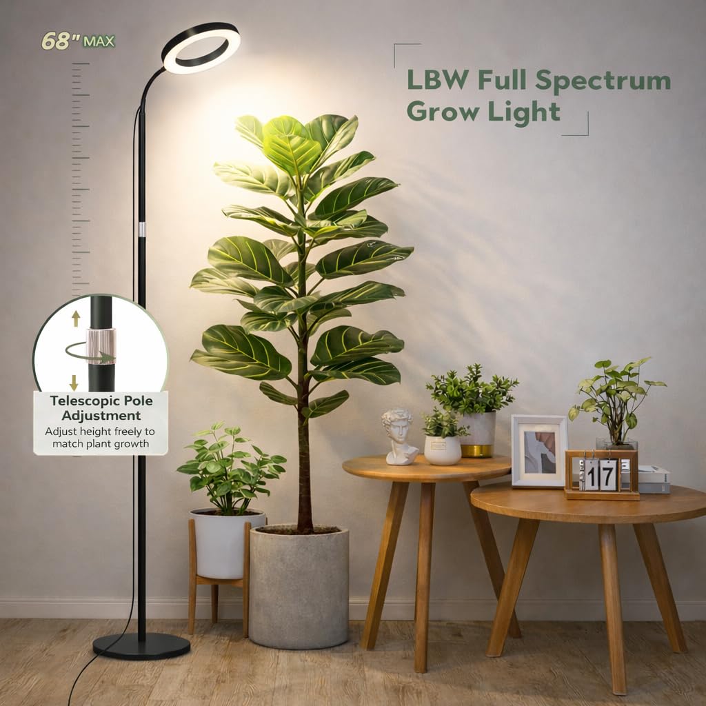 LBW Grow Light height-adjustable to 68 inches for tall plants like monstera or fiddle leaf fig.