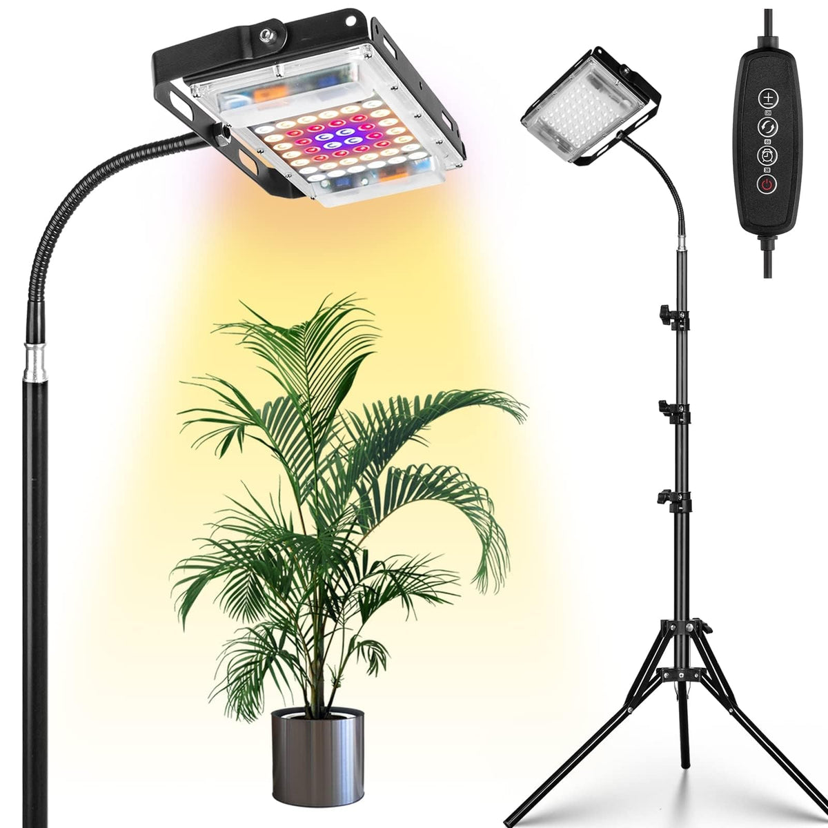 LBW Grow Light with Stand tall tripod demonstrates adjustable height for large plants.