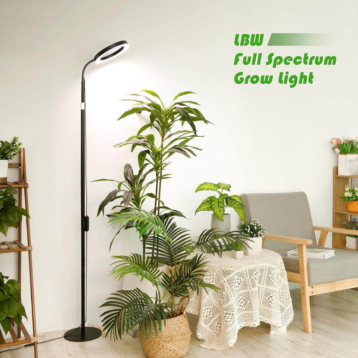 LBW Grow Light with adjustable telescoping rod offers height control for varied plants.
