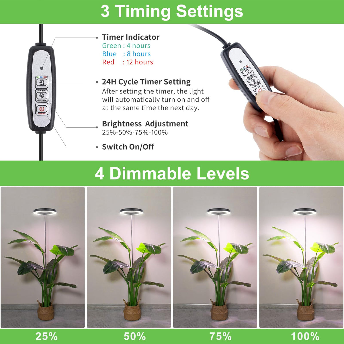 LBW Plant Grow Light displaying 4/8/12h timer for automated cycles.