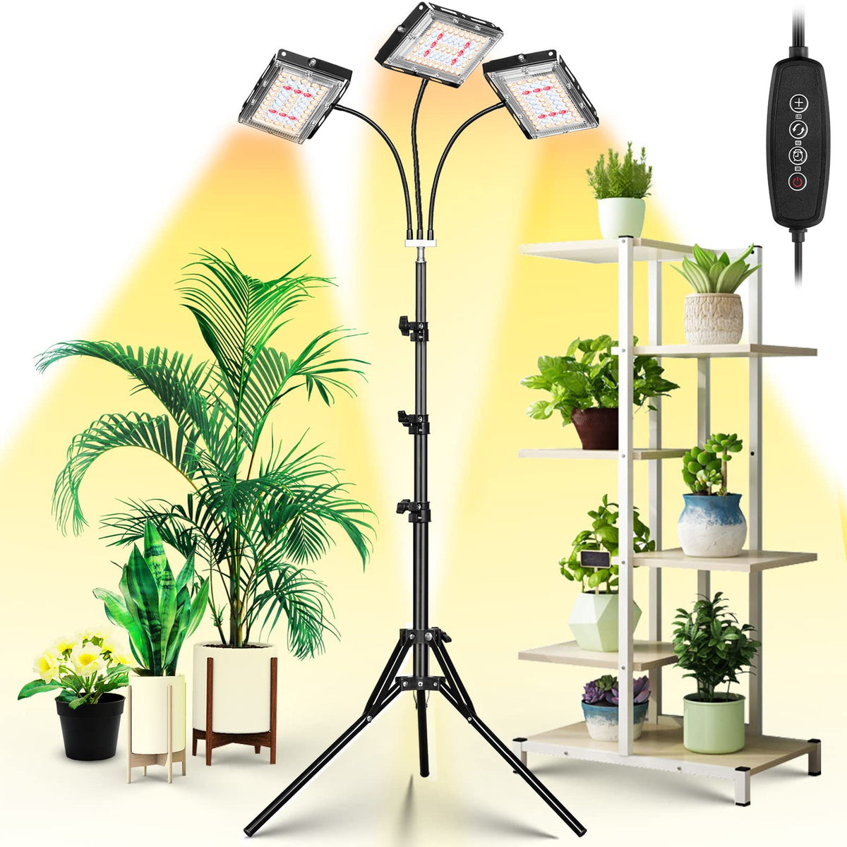 LBW Grow Light tri-head with stand illuminates indoor plants evenly for healthier growth