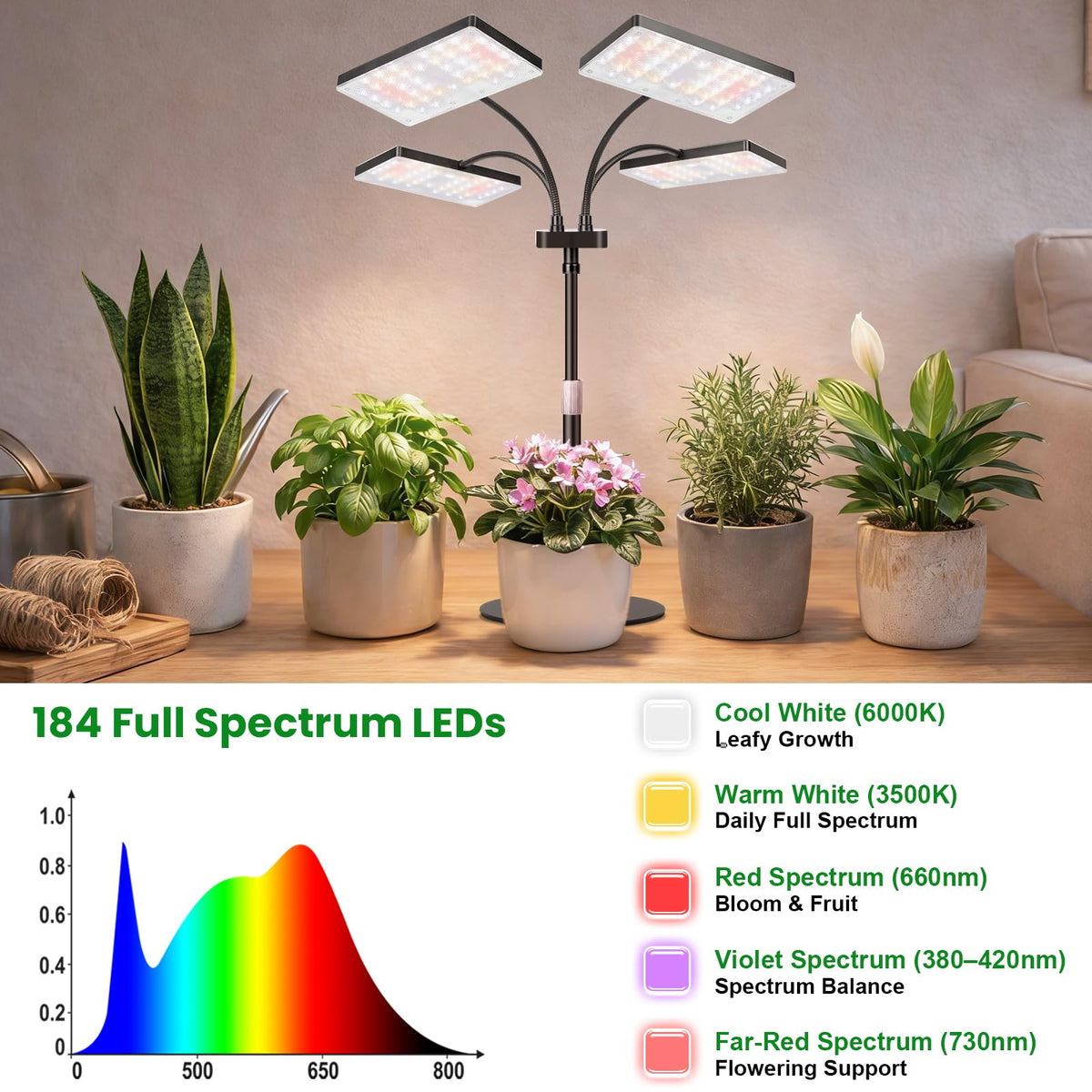 LBW indoor lamp on a desk illuminates a collection of houseplants.