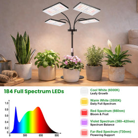LBW indoor lamp on a desk illuminates a collection of houseplants.