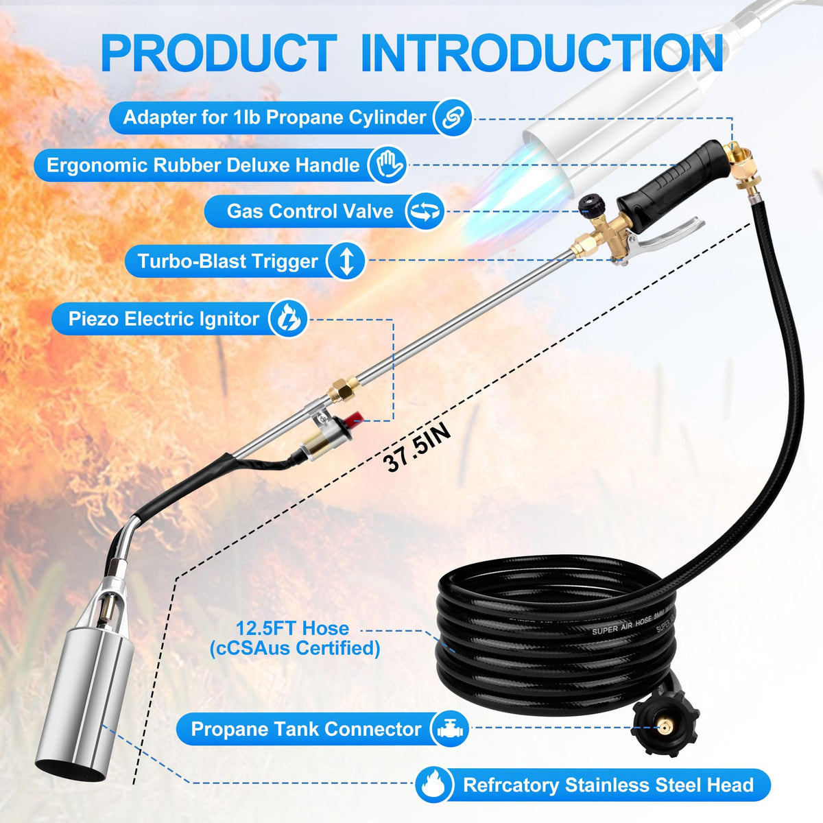 Lcbnhpy propane torch weed burner with long rod enables safe extended reach for yard projects.