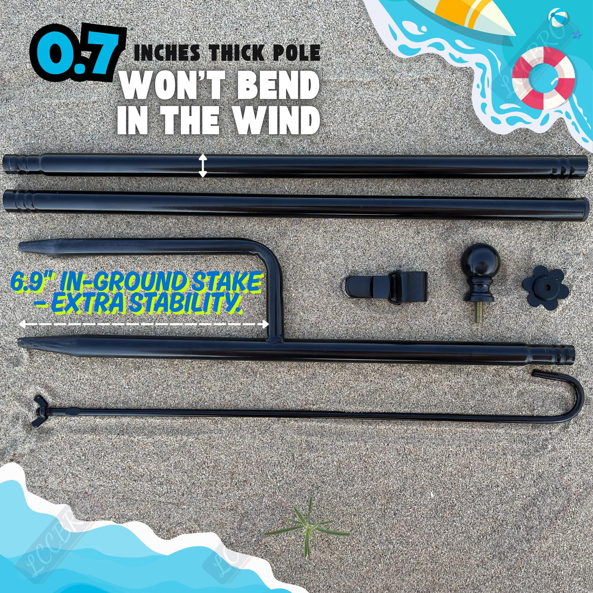 LCCBRO stand with extended ground stakes for improved wind stability.