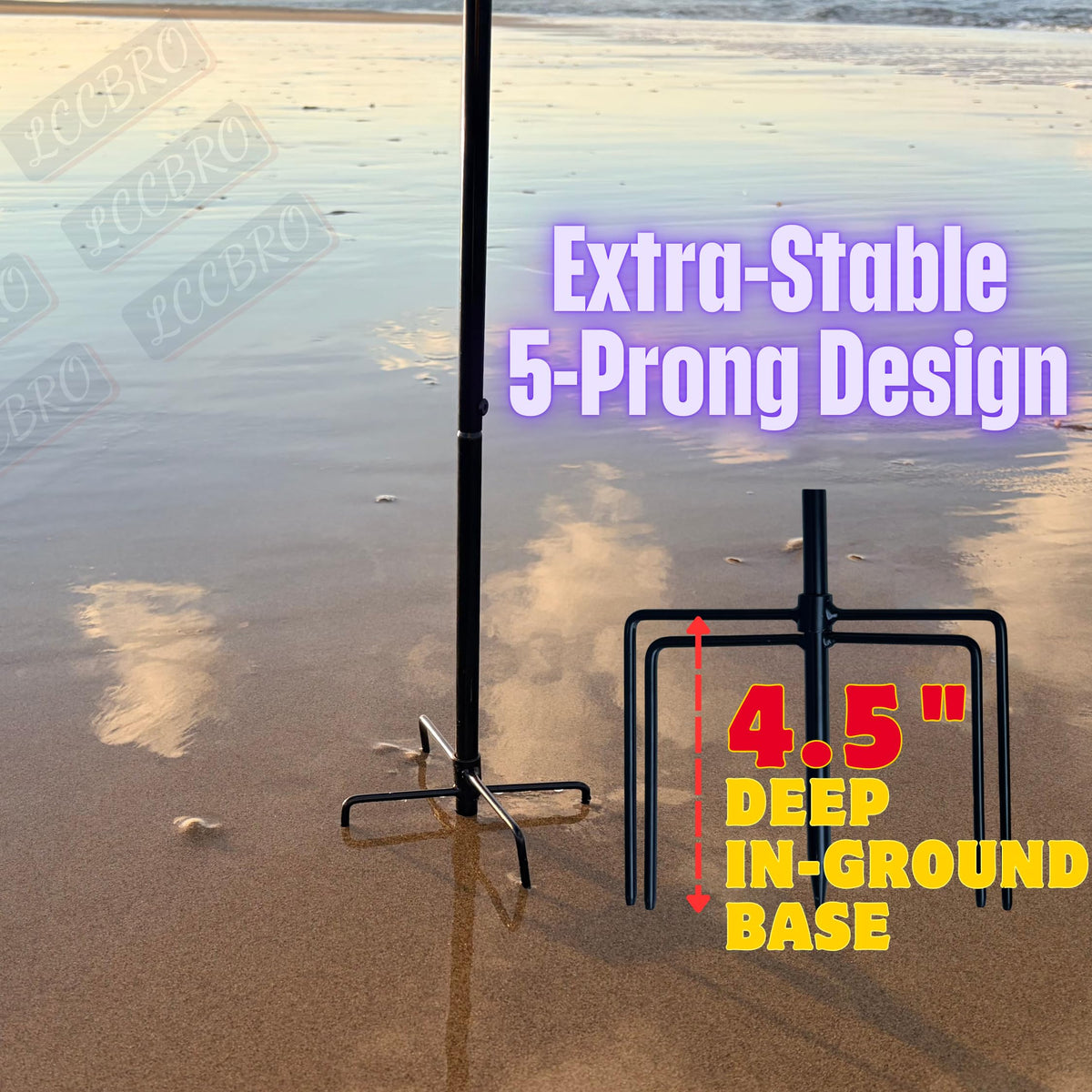 LCCBRO 5-prong base provides stable grip on soil, grass, and mulch.