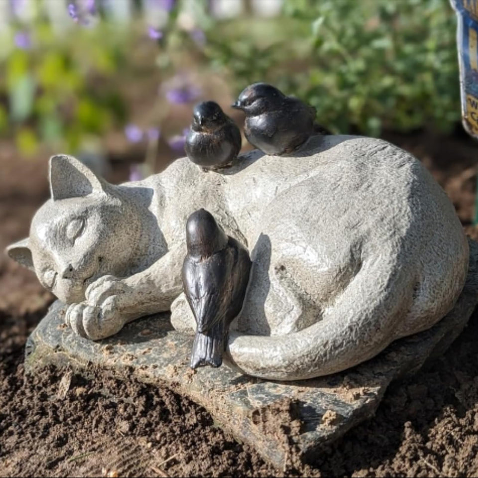 LCdecohome sleeping cat garden statue with sparrows enhances outdoor memorial decor