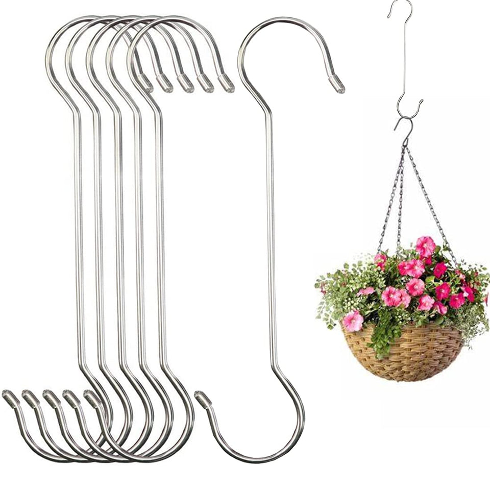Lchkrep 6-pack extra-long S hooks 12-inch for baskets and feeders outdoors.