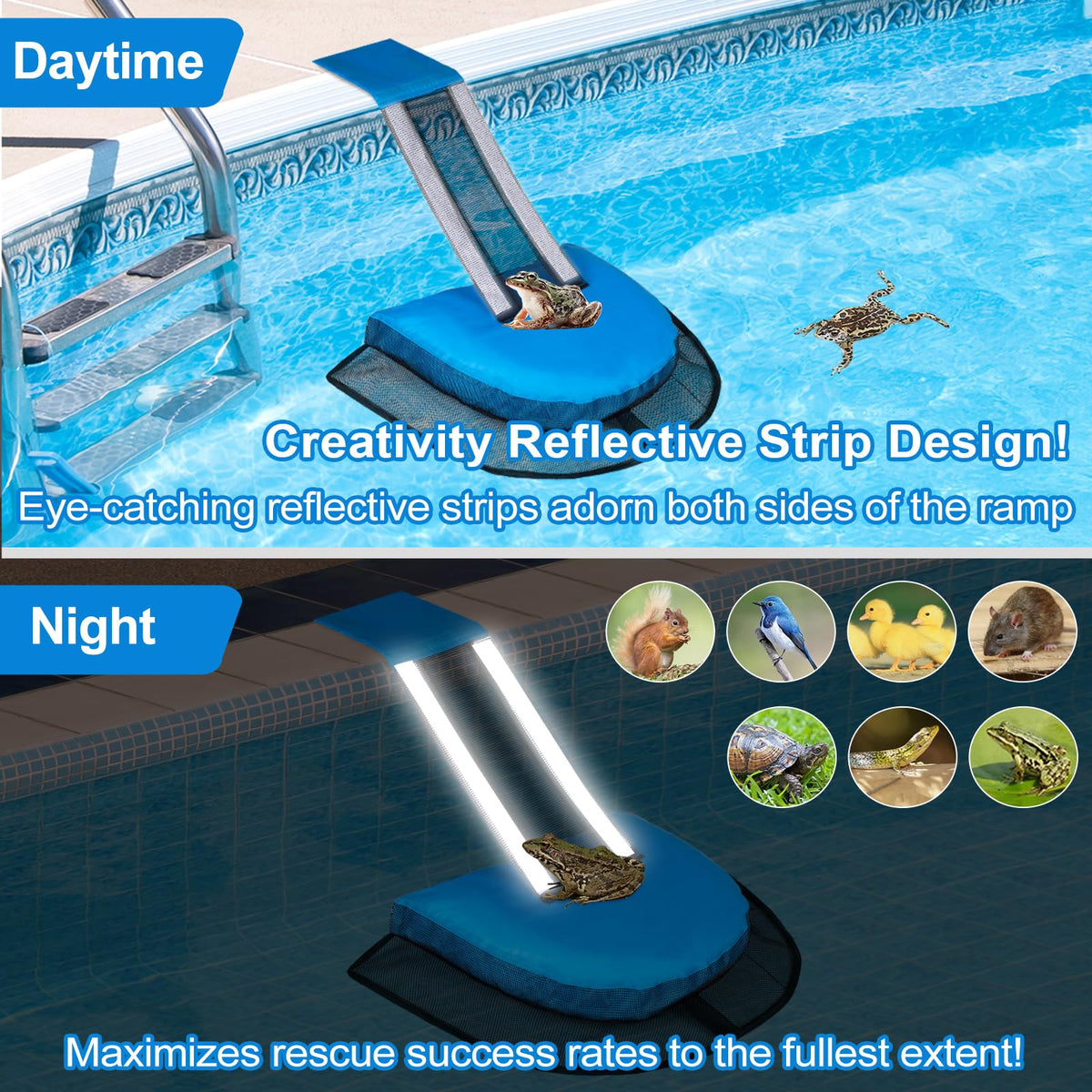 LCHUANG Pro Pool Animal Escape Ramp-02 with reflective strips aids night visibility for critters.