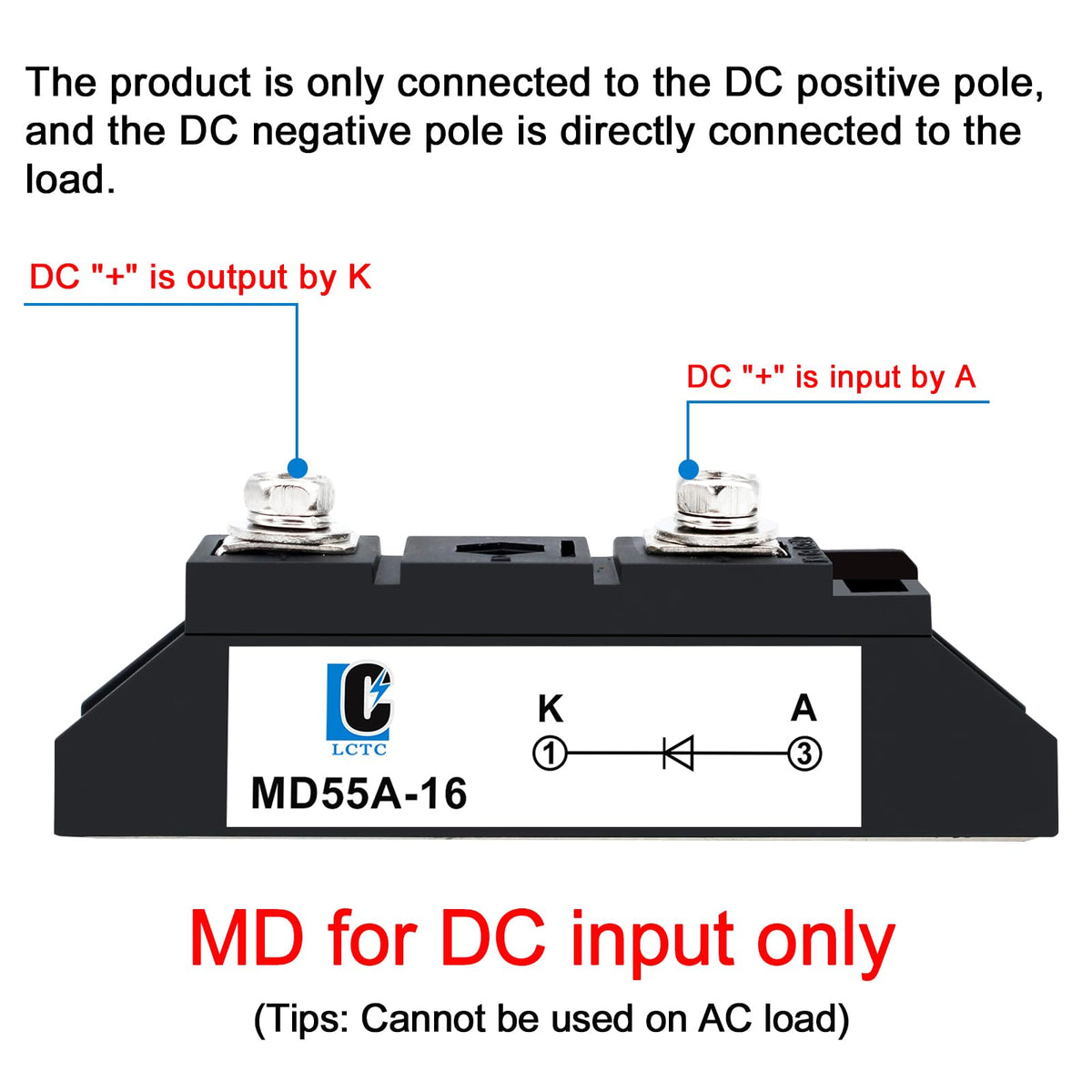 LCLCTC MD55A-16 rectifier-bridge setup illustrates four-diode configuration for AC-DC conversion.