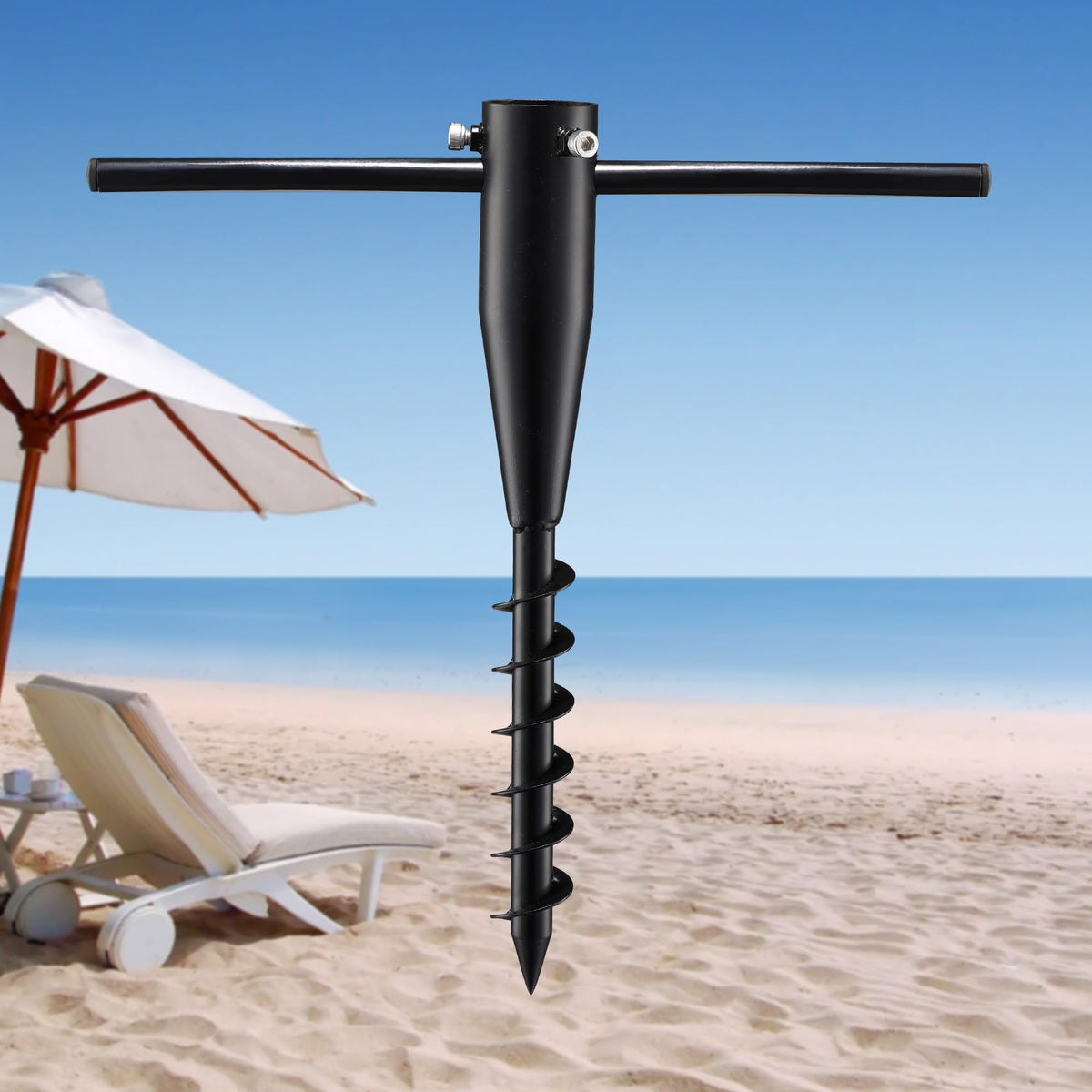 Lcokeiy heavy-duty beach umbrella sand anchor stabilizing on windy beach.