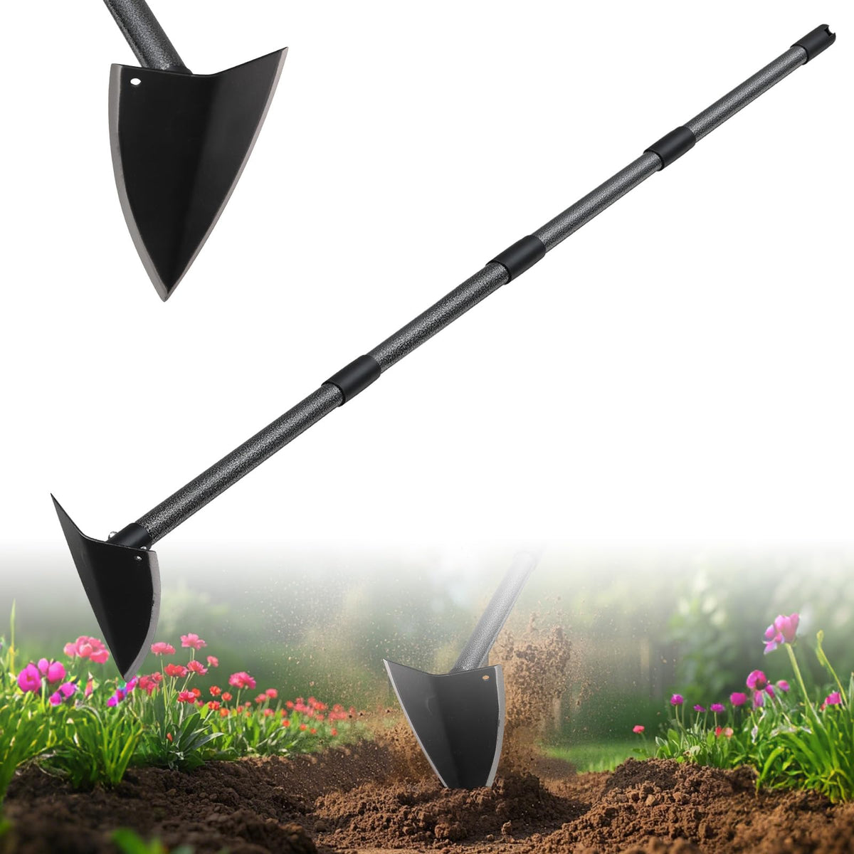 Lcokeiy triangle hoe with a 60-inch handle ready for garden weeding.