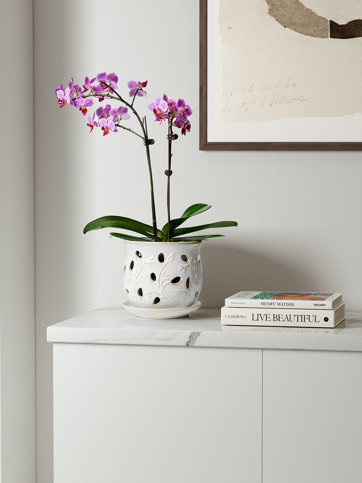 LE TAUCI orchid pot Arctic White drainage hole close-up for water control