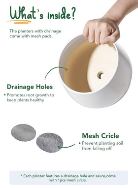 LE TAUCI pot close-up highlights drainage hole and mesh pad for water control