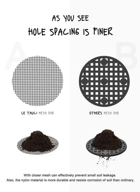 LE TAUCI drainage mesh pad shown in bonsai pot prevents soil loss.