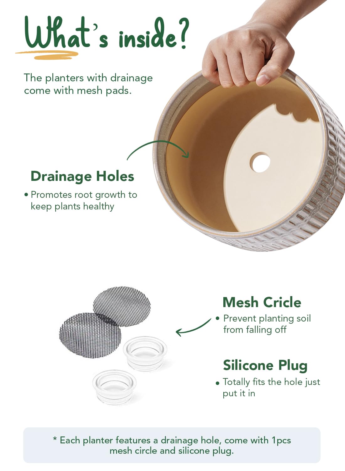 LE TAUCI planter featuring removable drainage plug for no-drain setup