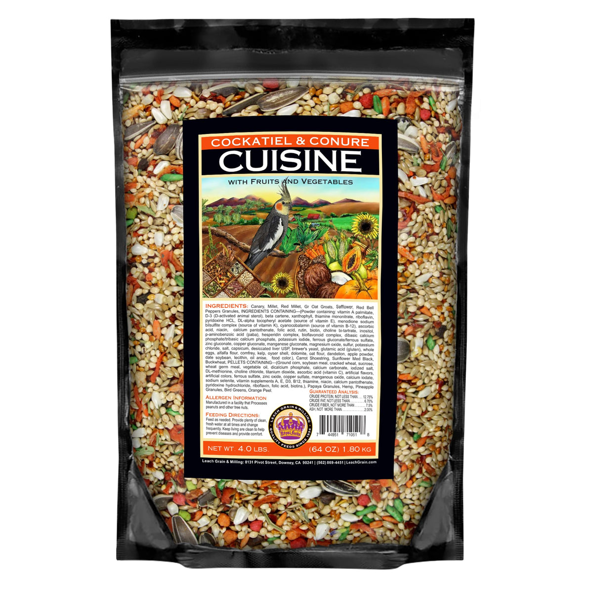 LEACH GRAIN and MILLING CO. Cockatiel and Conure Cuisine seed blend bag highlights nutritious ingredients for daily feeding.