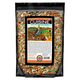 LEACH GRAIN and MILLING CO. Cockatiel and Conure Cuisine seed blend bag highlights nutritious ingredients for daily feeding.