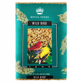 Leach Grain & Milling Co. Wild Bird Seed 5 Lbs bag showing energy-rich formula for active backyard birds.