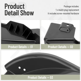 LeafFlex mulch plug replacement showing screw-mounted hardware for quick setup
