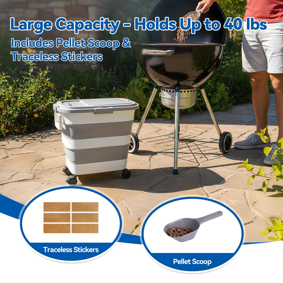 Leafory pellet bin with airtight locking lid keeps pellets dry and fresh.