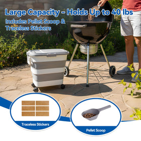 Leafory pellet bin with airtight locking lid keeps pellets dry and fresh.
