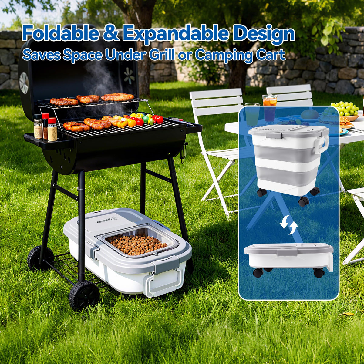 Leafory pellet bin with wheels and handles for easy transport.