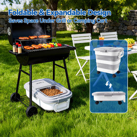 Leafory pellet bin with wheels and handles for easy transport.