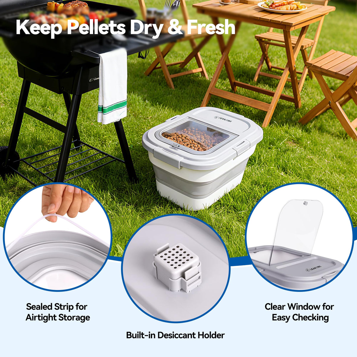 Leafory pellet storage with clear window shows freshness status at a glance.