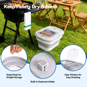 Leafory pellet storage with clear window shows freshness status at a glance.
