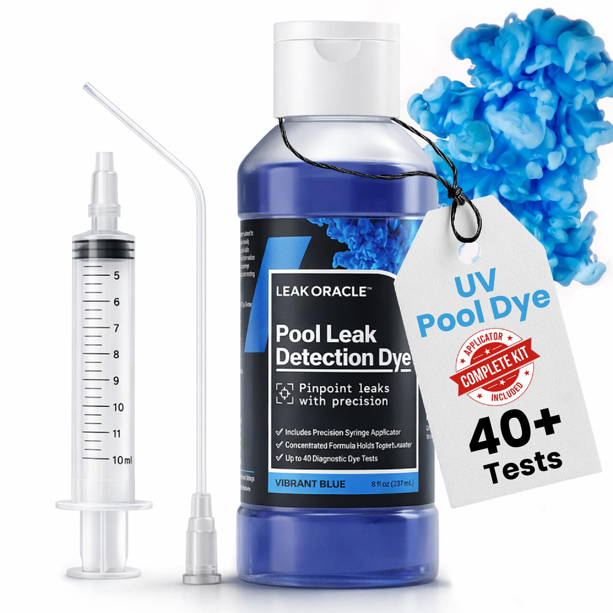 Leak Oracle Vibrant Blue Dye pours to reveal pool leaks with clear underwater contrast.