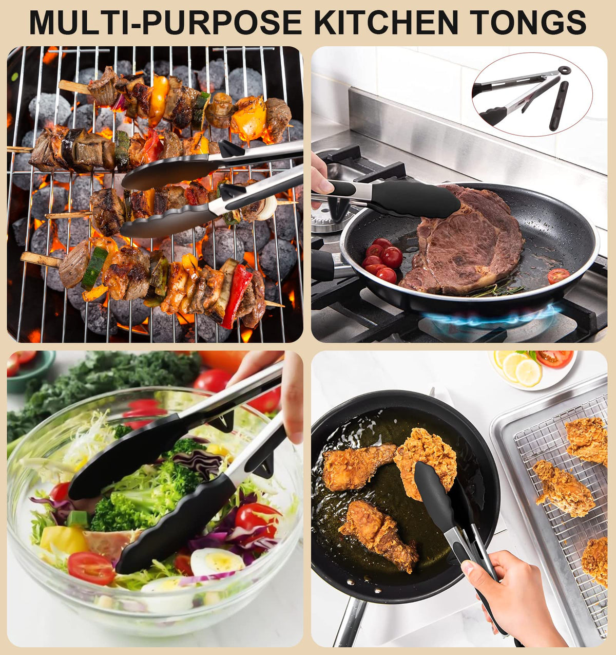 Leakind scalloped head tongs with strong grip for salads and grilling.