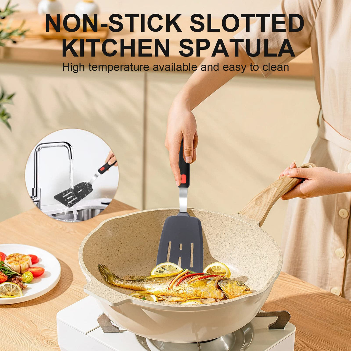 Leakind slotted fish spatula with flexible edge for delicate seafood.