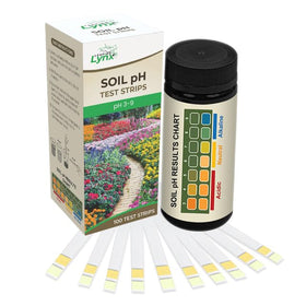 Leaping Lynx soil pH test kit box front showing 100 strips for gardens