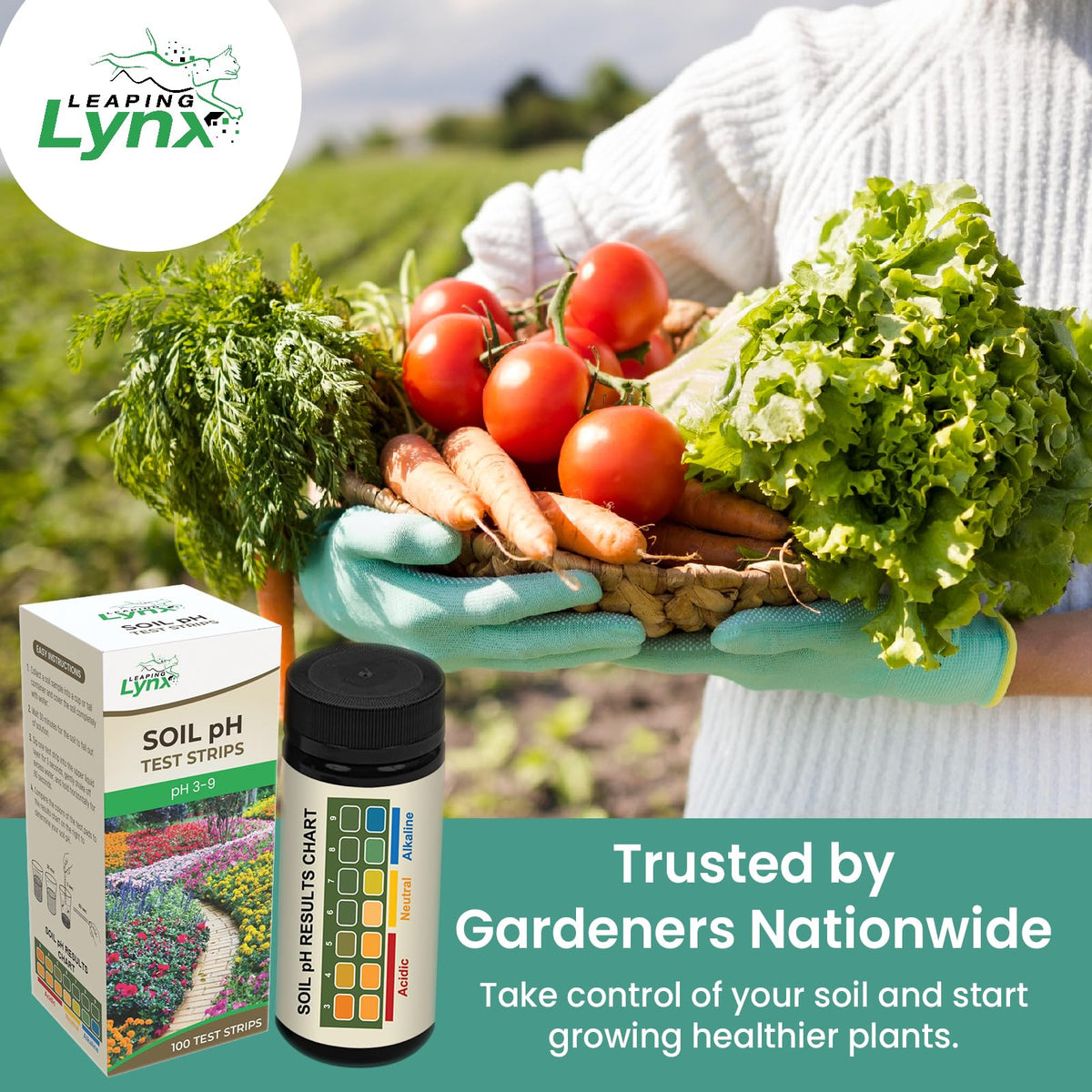 Packaging and contents of Leaping Lynx soil pH kit