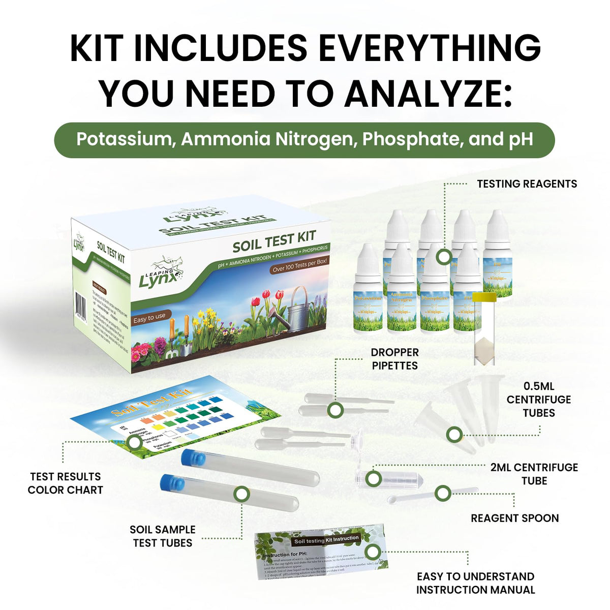 Leaping Lynx test strips and reagents laid out for simple garden nutrient checks.