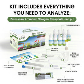 Leaping Lynx test strips and reagents laid out for simple garden nutrient checks.