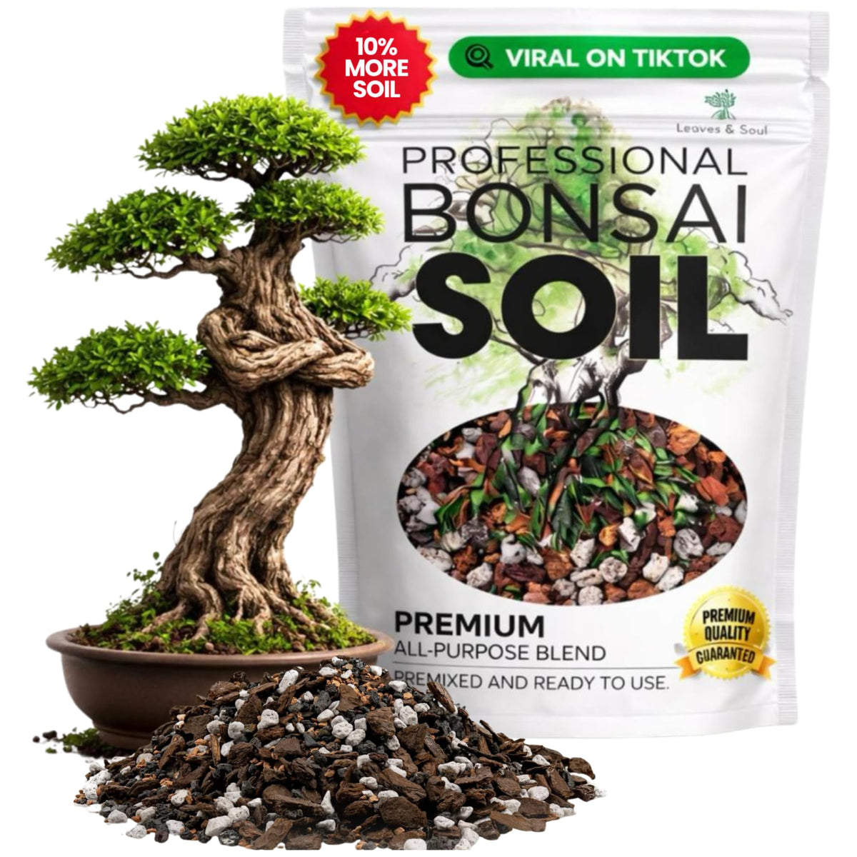 Leaves and Soul bonsai soil mix bag for 2.2 quarts, ideal for easy repotting.