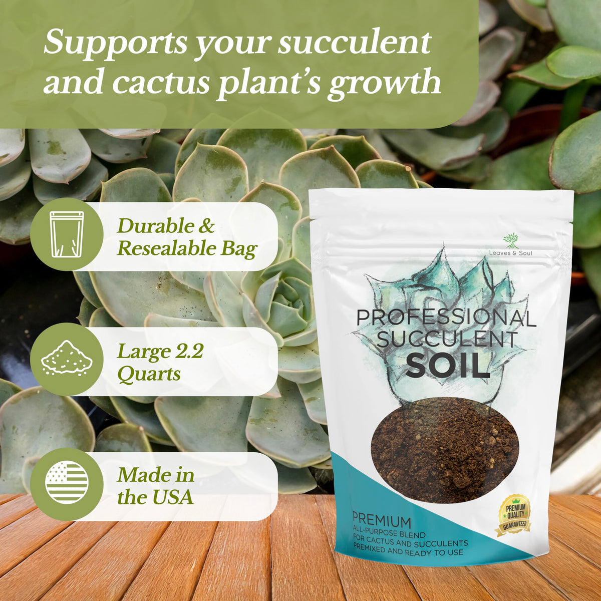 Leaves and Soul fast-draining soil for succulents ensures minimal moisture and reduced overwatering risk.