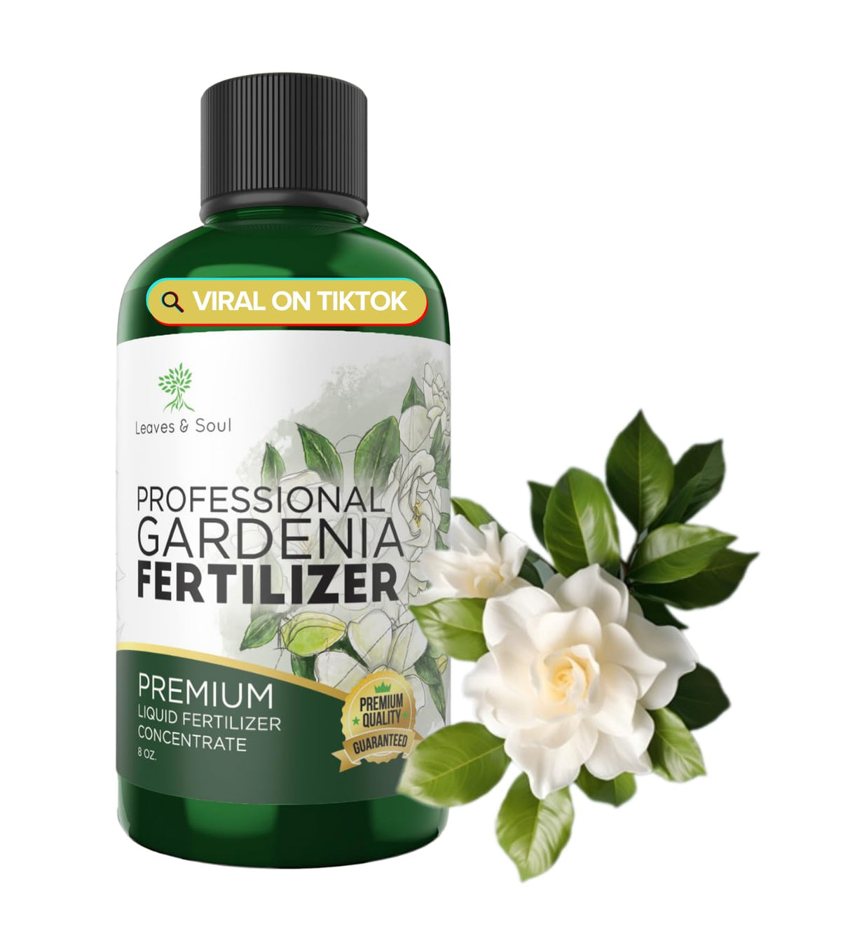 Leaves and Soul Gardenia liquid fertilizer bottle ready for simple mixing and growth support