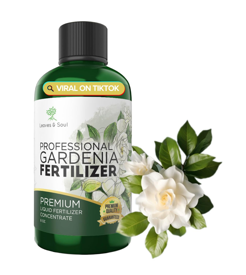 Leaves and Soul Gardenia liquid fertilizer bottle ready for simple mixing and growth support