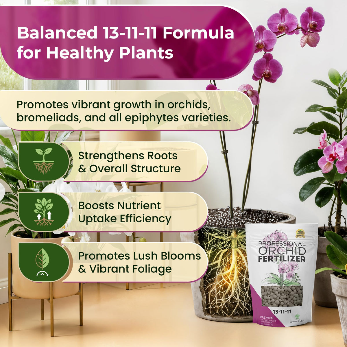 Leaves and Soul orchid fertilizer pellets close-up highlight easy-to-dispense granules for beginners