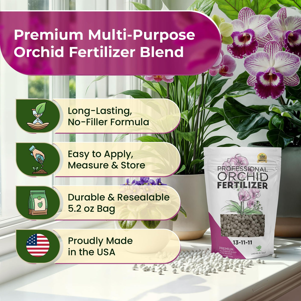 Leaves and Soul orchid fertilizer pellets arranged to show balanced 13-11-11 formula