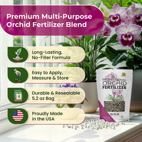 Leaves and Soul orchid fertilizer pellets arranged to show balanced 13-11-11 formula