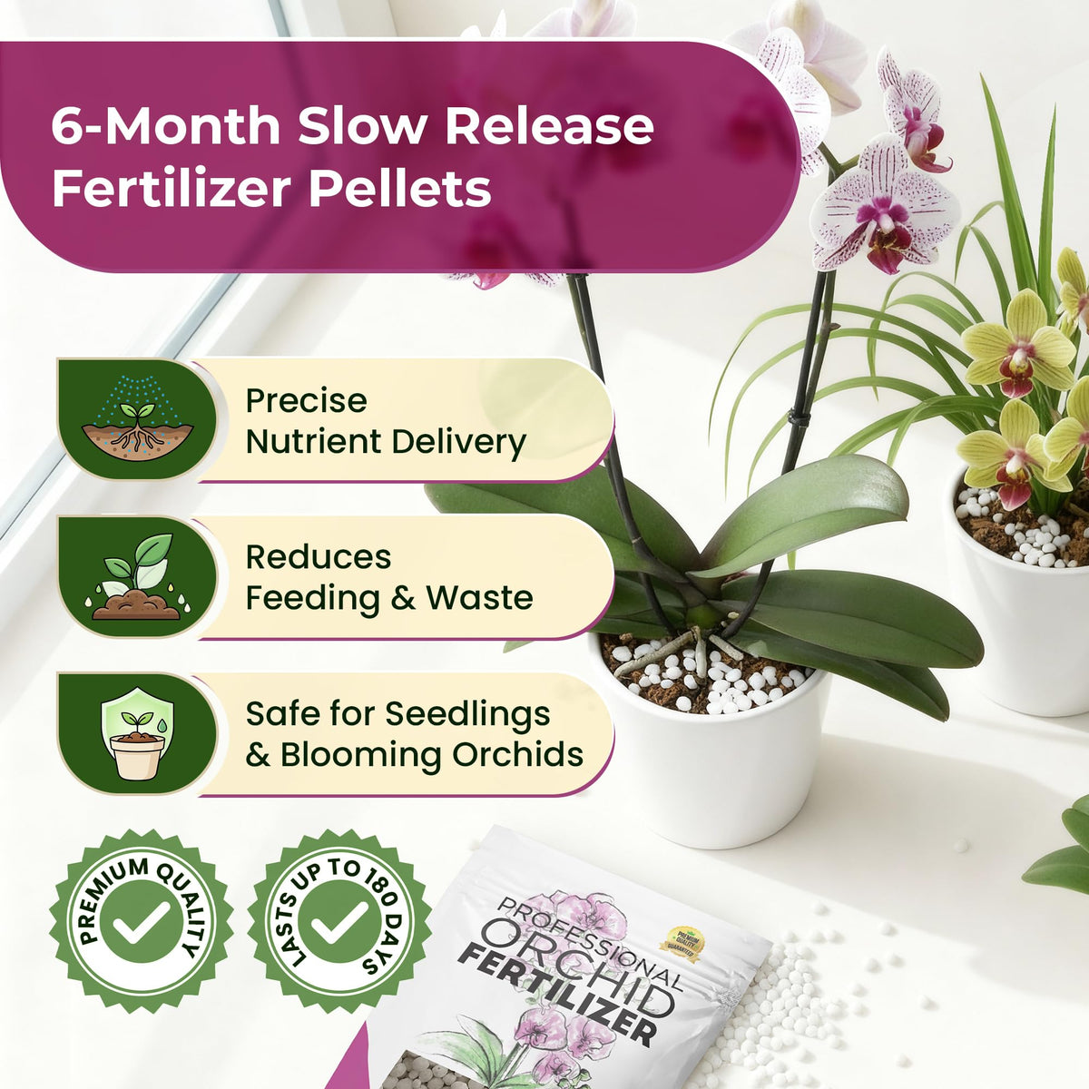 Leaves and Soul orchid fertilizer pellets beside seedlings for early growth support